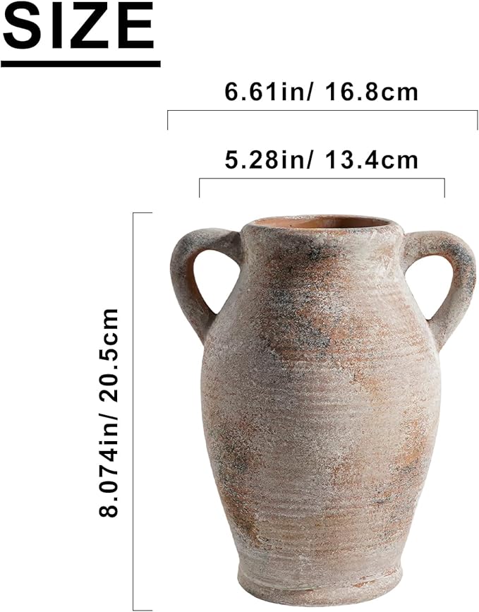 Sunddo 8 inch Rustic Vase for Home Decor, Farmhouse Terracotta Decorative Vase with Handles, Centerpiece Table Decorations, Distressed Living Room, Shelf, Mantle, Entryway, Table Decor