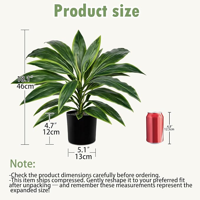 Artificial Plants Indoor with Pot, 18.1" Fake Potted Plants Medium Artificial Dracaena Plant in Black Pot Faux Tropical Plants for Bathroom Living Room Office Desk Shelf Decor
