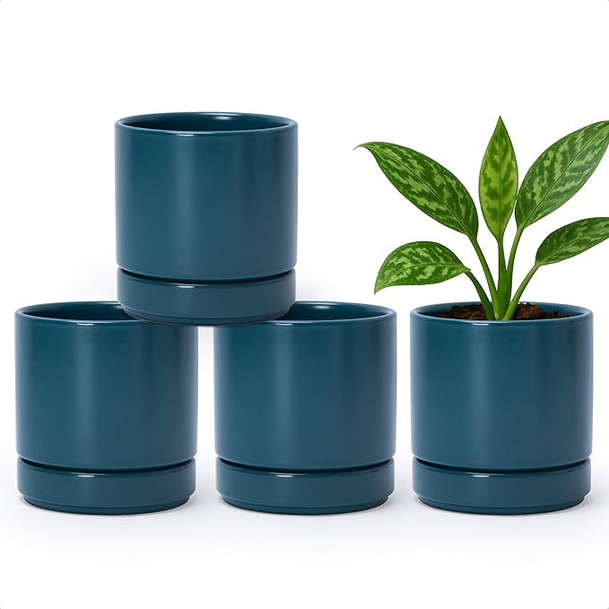 D'vine Dev Set of 4 Small Ceramic Plant Pots, 4.7 Inch Succulent Planter Pot for Plants with Drainage Hole and Saucer, Teal, 94-X-B-9