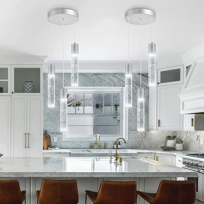 3-Lights Pendants Light for Kitchen Island Chandeliers Dining Room Pendant Lighting Fixture Bubble Crystal Ceiling Hanging Lights Bedroom Island Kitchen 6000K White Light Fixtures Chrome