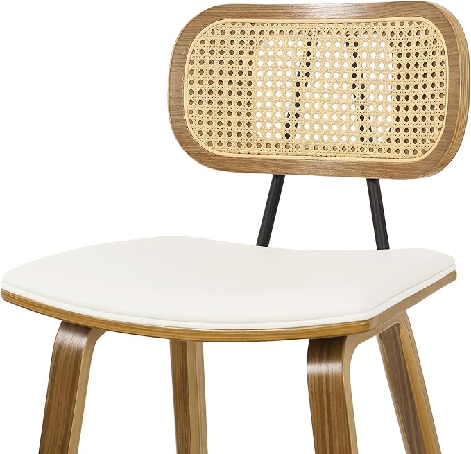 Counter Height Bar Stools Set of 2, Mid Century Modern Counter Stools, 26" Wood Kitchen Stool PU Leather Upholstered Barstool with Rattan Back, Counter Height Island Dining Bar Chair, Cream White
