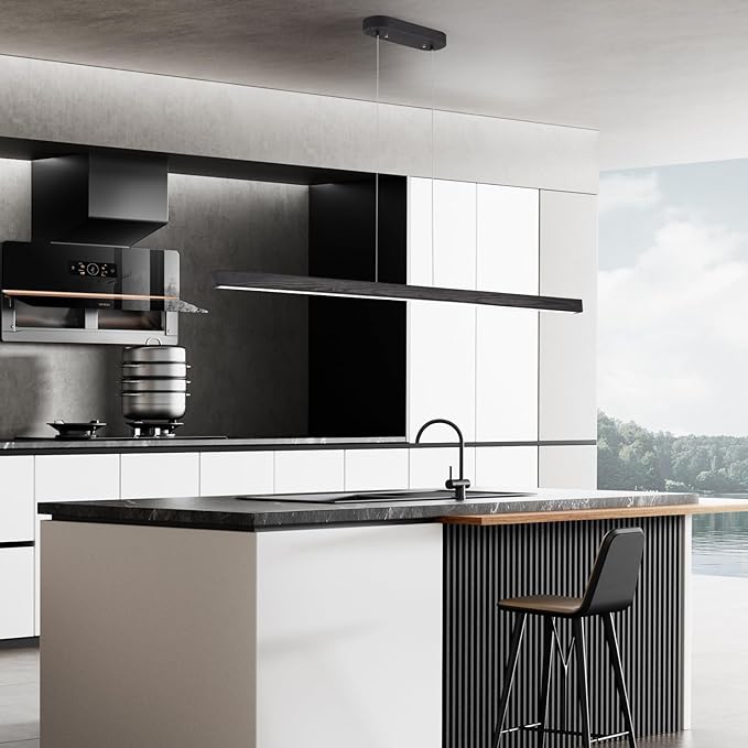 47" Black Linear Pendant Light Wooden Led Linear Pendant Light Fixtures Ceiling Hanging Dimmable Pendant Lights for Dining Room Kitchen Island Pool Table Lights Black Wood Finish