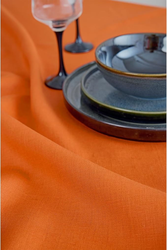 Solino Home Linen Tablecloth for Rectangle Tables 60 x 90 Inch - 100% Pure Linen Persimmon Orange Table Cloth - Fete, Machine Washable Cloth Tablecloth for Fall, Autumn, Halloween, Thanksgiving