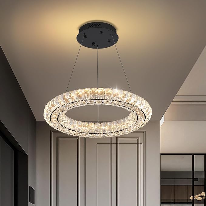 Dimmable LED 15.7" Ring Pendant Light Modern Adjustable Black Round Crystal Chandelier Light Fixtures for Dining Room Living Room