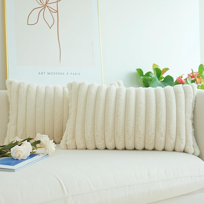 JOJUSIS Pack of 2 Faux Fur Plush Decorative Throw Pillow Covers Couch Cushion Case Soft Pillowcases (Beige, 12 x 20-Inch)
