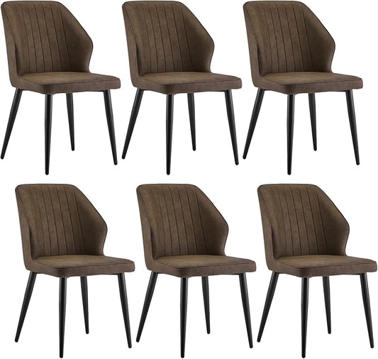 CLIPOP Faux Leather Dining Chairs Set of 6, Mid Century Modern Kitchen Chair, Upholstered Seat Leisure Side Chair with Backrests, Metal Legs for Living Room, Lounge, Guest Room, Brown