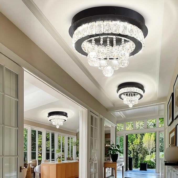 Flashing God 12" Modern Crystal Chandeliers Flush Mount Ceiling Light Black Chandelier for Hallway LED Dimmable Light Fixture for Dining Room Living Room Bedroom