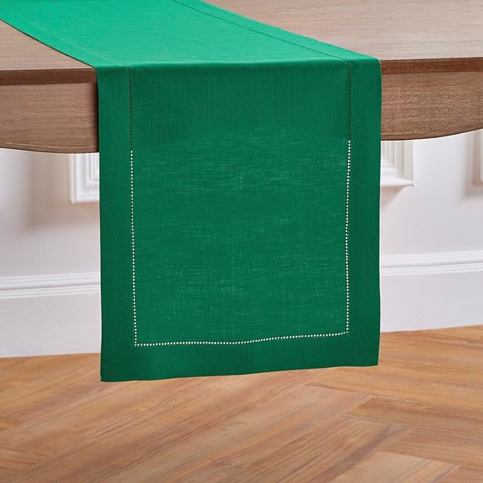 Solino Home Linen Emerald Green Hemstitch Table Runner 36 Inches - 100% Pure Linen Small Table Runner 14 x 36 Inch Ideal for Dresser and Coffee Tables - Classic Hemstitch - Christmas