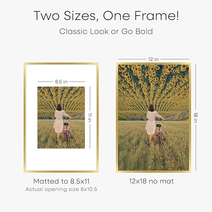 Homeforia 12x18 Picture Frame Gold, High End Metal 12x18 Poster Frames with Mat 8.5x11 Photo, 12 x 18 Gold Frame Matted to 8.5 by 11 Print, 18x12 Thin Hanging Frame, Tempered Glass, Wall Kit, Set of 3