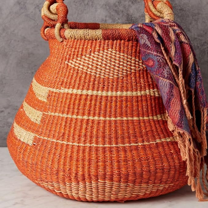 Home & Kitchen Decor, Wicker Basket, Picnic Basket, Living Room Basket, Organizing, Harvesting, Foraging, Fruit Storage, Hand Woven, Pot Shape, 16" Wide, Boho - Orange