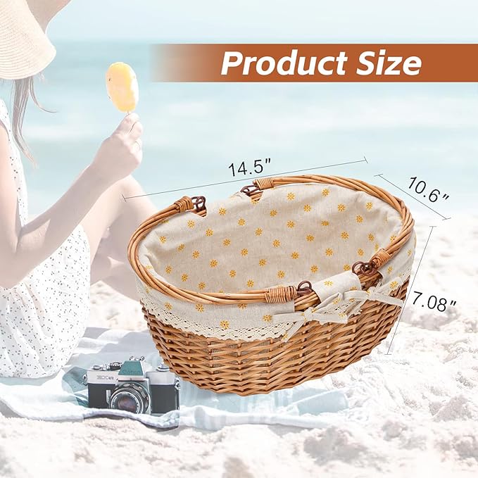 G GOOD GAIN Wicker Picnic Basket with Double Folding Handles,Willow Picnic Hamper,Natural Hand Woven Easter Basket,Easter Eggs and Candy Basket,Bath Toy and Kids Toy Storage,Gift Packing Basket.Yellow