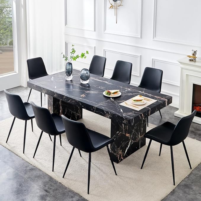 79" Marble Dining Table Set｜Modern Dining Table Set with 8 Faux Leather Chairs｜Engineered Wood with Marble Pattern Tabletop｜Widened and Stable Tablelegs｜Easy Assembly