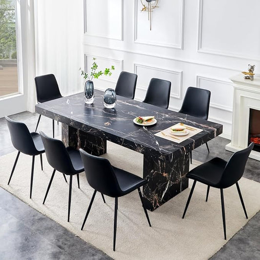 79" Marble Dining Table Set｜Modern Dining Table Set with 8 Faux Leather Chairs｜Engineered Wood with Marble Pattern Tabletop｜Widened and Stable Tablelegs｜Easy Assembly