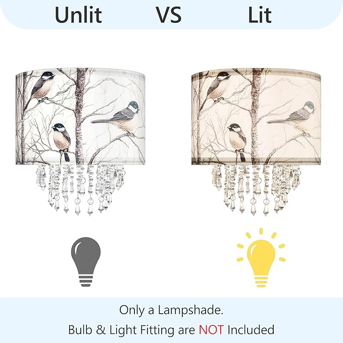 Star Vision Bird & Tree Drum Fabric Lampshade with Acrylic Beaded Droplets, Natural Botanical Light Shade for Pendant Table Wall & Floor Lamps, Garden-Themed Bedroom Living Room Entryway Décor