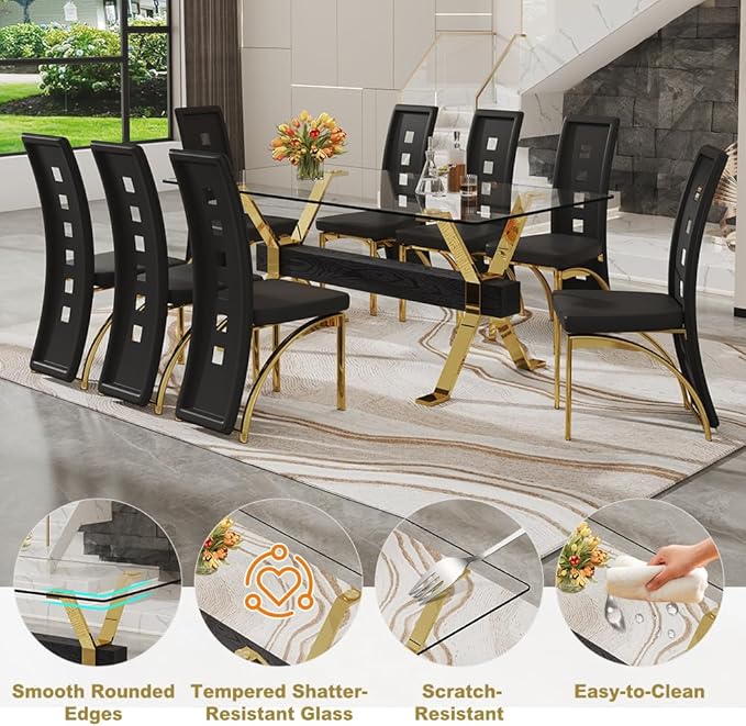 71'' Glass Dining Table Set for 8,9 Piece Dining Table Set with Open‑Frame X‑Shaped Golden Metal Base,Gold Kitchen Table and Chairs Ideal for Dining Room&Home Office