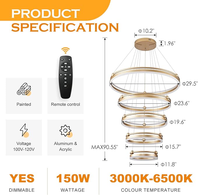 5-Rings Modern LED Chandelier Gold Dimmable Large High Ceiling Chandeliers Foyer, Remote Pendant Lighting for Foyer Entryway Dining Room Living Room Staircase(10-Ring Lighting, D29.5)
