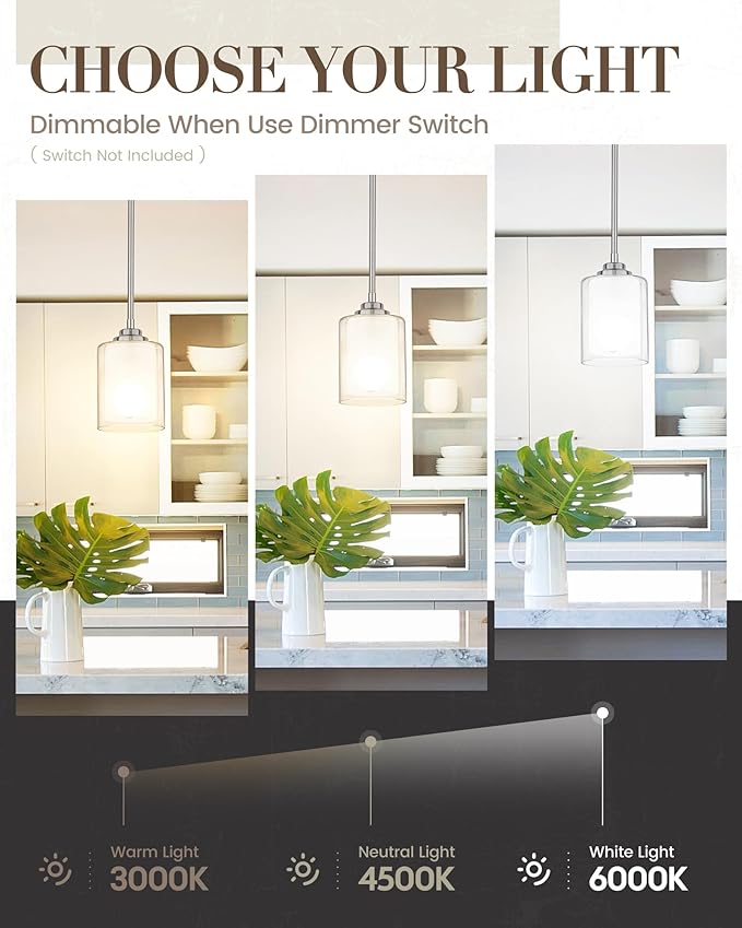 TENGXIN Modern Pendant Light,Brushed Nickel Modern Pendant Light for Kitchen Island,Hanging Ceiling Light Fixture,Farmhouse Pendant Lighting for Dining Room Bedroom Bar Office,TXPLBN02