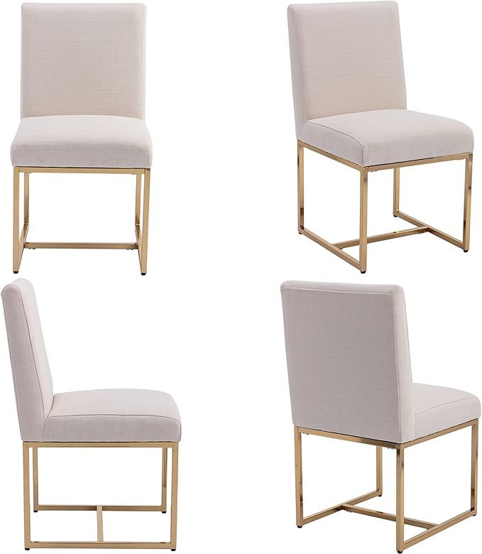 VESCASA Linen Upholstered Dining Chairs Set of 2, Mid Century Modern Padded Chair with Gold Metal Frame for Restaurant, Dining Room, Kitchen, Cream