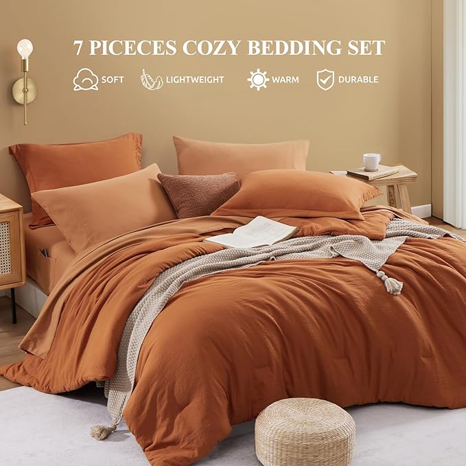 WRENSONGE Full Size Comforter Sets, 7 Pieces Soft Burnt Orange Fall Bed in a Bag with Fitted Sheet, Flat Sheet, 2 Pillow Shams, 2 Pillowcases, Warm Bedding Sets for All Seasons