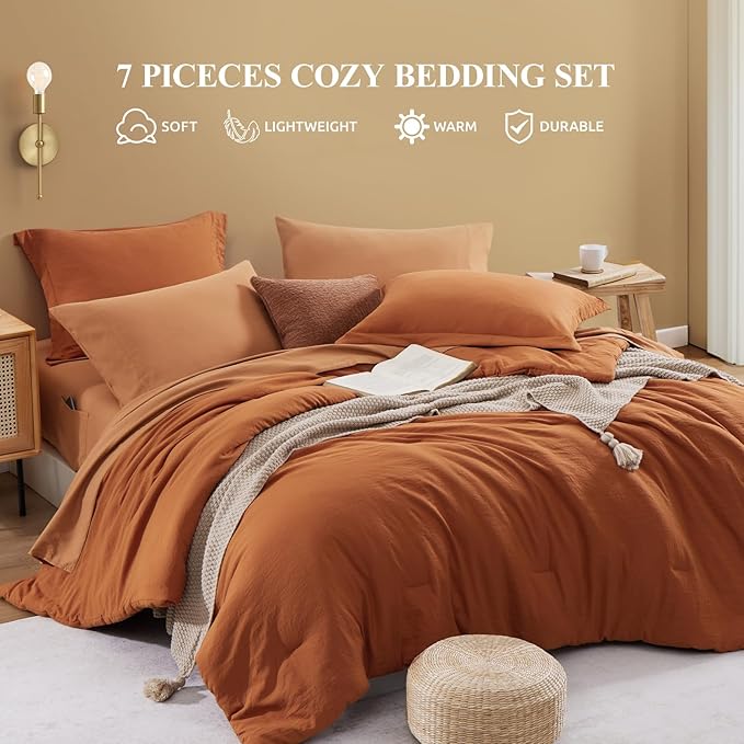 WRENSONGE King Size Comforter Set- 7 Pieces Soft Burnt Orange Bed in a Bag King with Fitted Sheet, Flat Sheet 2 Pillow Shams, and 2 Pillowcases- Warm Bedding Set for All Season