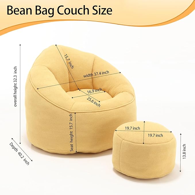 Bean Bag Sofa Chair with Foam Padded Velvet Bean Bag Chair with Soft Foam Padded Ottoman