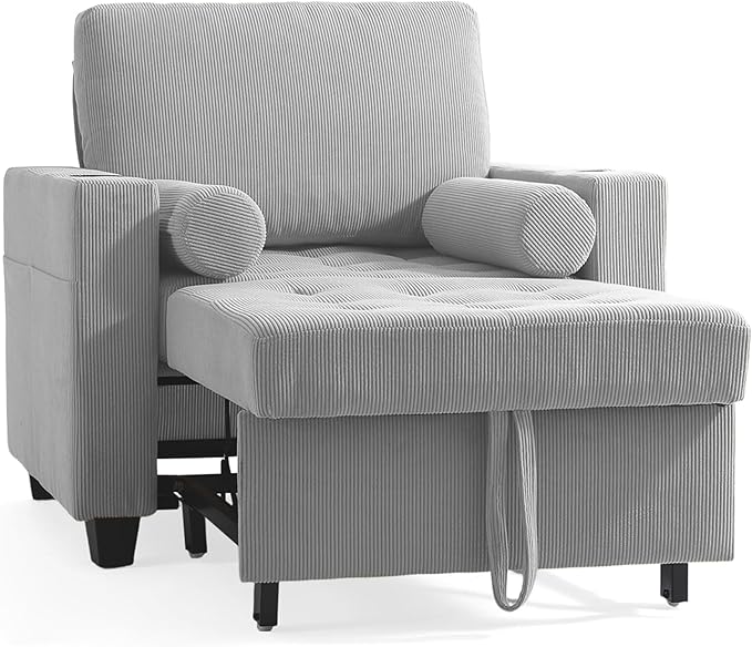 UIXE 3-in-1 Sleeper Sofa Chairs Set of 2, Pull Out Sofa Bed Convertible Reclining Seat Upholstered Armchair, Adjustable Backrest Recliner Chair with Side Pockets, Cup Holder & USB Ports - Light Gray