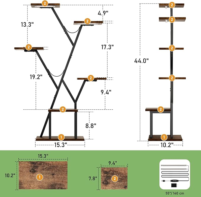 Plant Stand Indoor with Grow Lights, 44" Corner 5 Tiered Plant Shelf for Indoor Plants Multiple，Flower Stand Display Rack for Living Room, Patio, Balcony