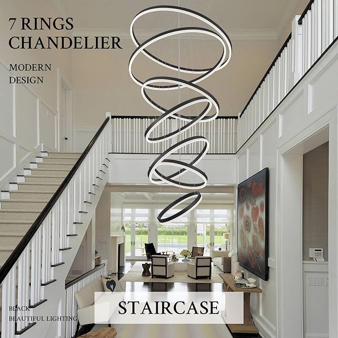 7-Rings D31.5’’ Modern LED Chandelier Black Dimmable High Ceiling Chandeliers Foyer with Remote Control for Staircase Entryway Dining Room Living Room, 3000K-6500K