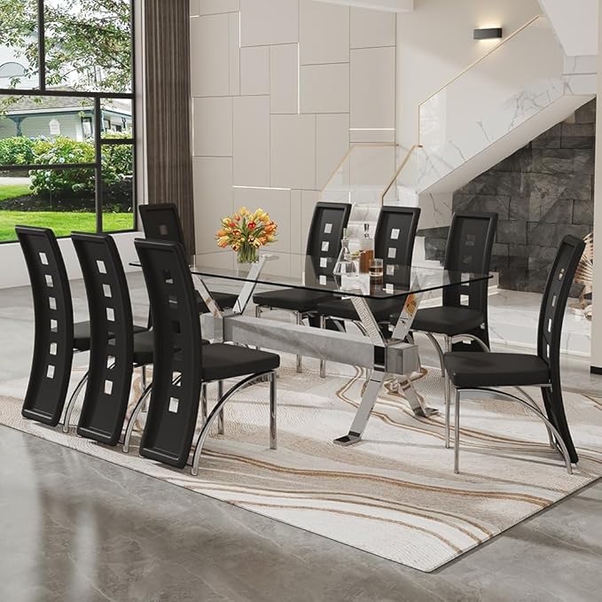 71'' Glass Dining Table Set for 8,9 Piece Dining Table Set with Tempered Glass Tabletop and Open‑Frame X‑Shaped Metal Base,Kitchen Table and Chairs Ideal for Dining Room&Home Office