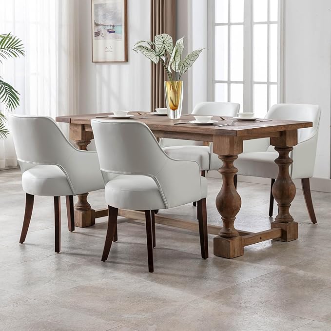 Farmhouse Dining Chairs Set of 2 PU Leather Upholstered Accent Side Chair Wood Kitchen Chairs for Living Room/Dining Room/Bedroom/Restaurant, Upgraded Size, White