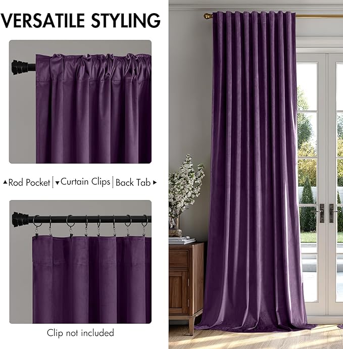 MIULEE Purple Velvet Curtains 96 inches - Luxury Blackout Curtains for Bedroom Living Room Thermal Insulated Super Soft Window Drapes Rod Pocket & Back Tab, W52 x L96 inches, 2 Panels