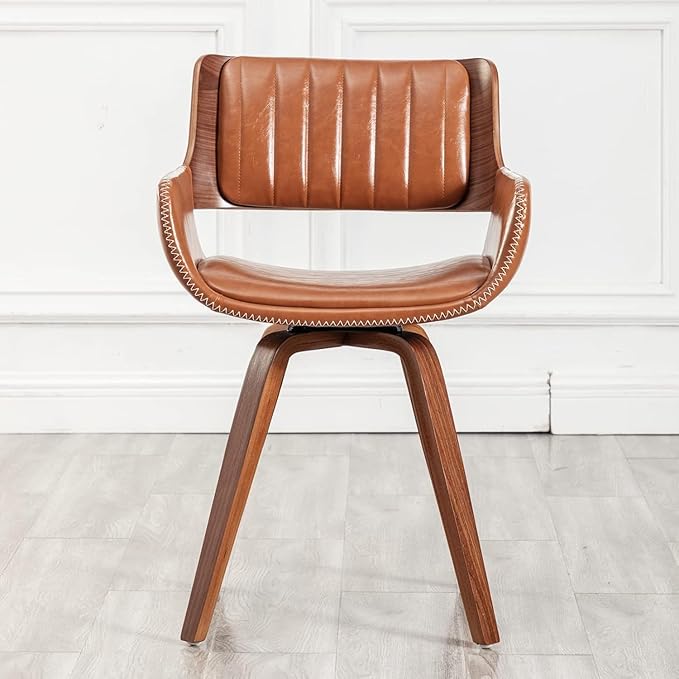 LUNLING Swivel Accent Faux Leather Dining Chairs, Mid Century Modern Chairs with Wooden Legs/Armrest/Upholstered Seat/Adjustable Foots for Kitchen Dining Room Desk Chairs,Brown,1PCS