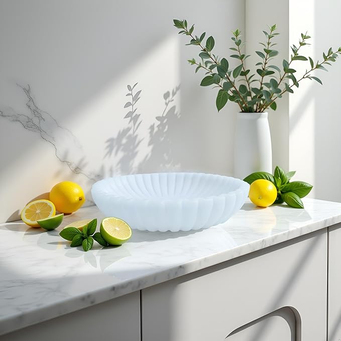 15" Large Decorative Bowl decor , Scalloped Decorative Bowls for Modern Home Decor,Ruffle Decor,Stylish Key Bowl for Entry Table,Decorative Fruit Bowl for Kitchen Counter,Artificial Stone Milky white