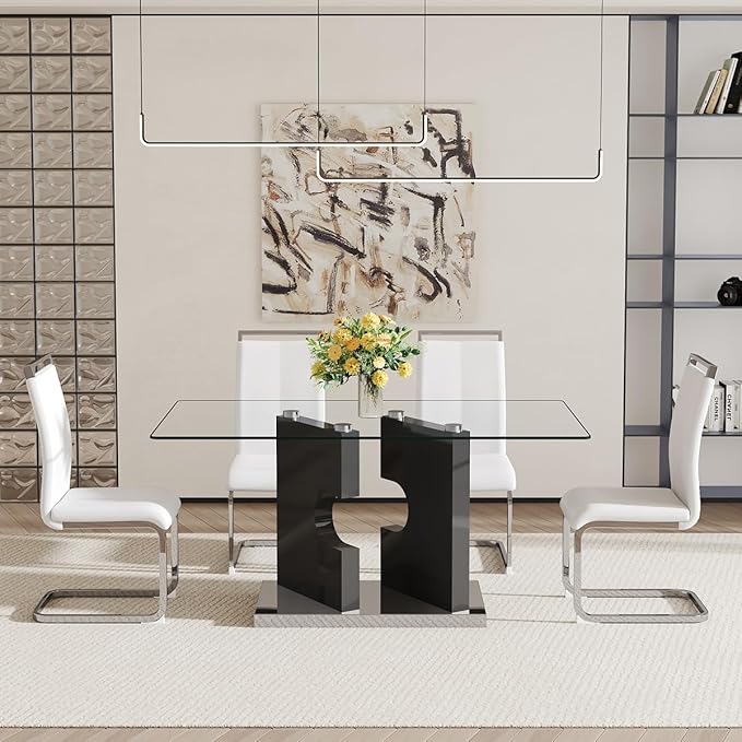 Glass Dining Room Table Set for 4,Dining Table Set for 4 with PU Leather Chairs,Retangular Dining Table with MDF Table Legs and Sliver Base for Dining Room