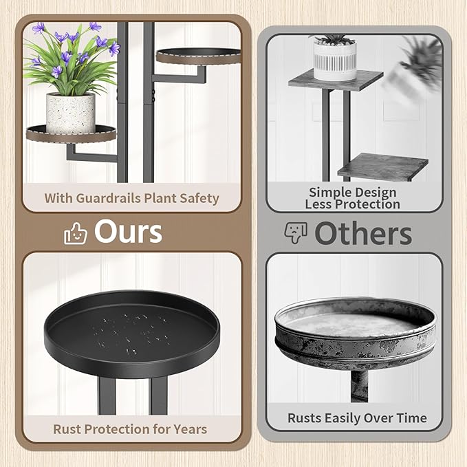 LASZOLA Black 3 Tiered Plant Stand Indoors Heavy Duty Metal Rack, Sturdy Multi Level Shleving Hold Flowers, Larger House Decorate Ladder for Planting Inside Tree Herb Cactus, Wooden Base, Space Saving