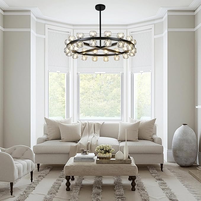35" Round Crystal Chandelier, 32 Lights Black Chandeliers for Dining Room, Modern Chandelier Light Fixture with Crystal Shades for Living Room