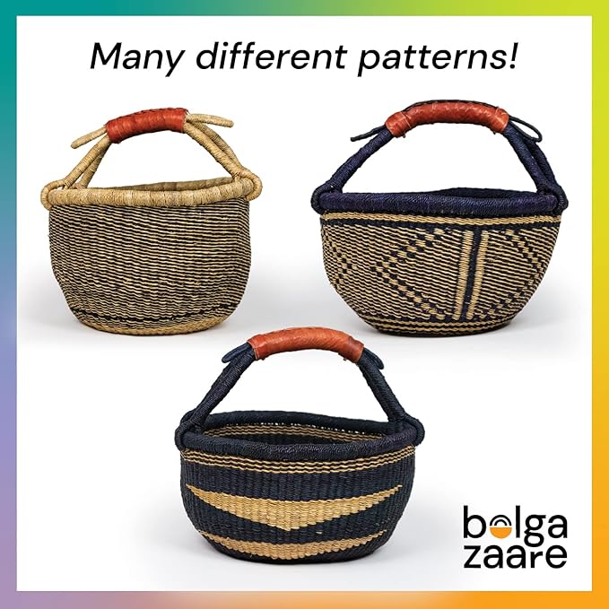 Market Basket, Handmade in Ghana by Women Artisans, Natural + Midnight Color, MEDIUM, 13"-15" Diameter x 8"-9" H, RED HANDLE (1 basket)