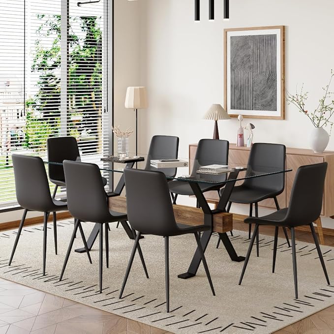 9 Piece Glass Dining Table Set, Kitchen Table Chairs Set for 8, 71'' Dining Table with 0.4" Tempered Glass Tabletop with Plated Metal Legs and MDF Crossbar, 8 PU Chairs for Dining Room, Kitchen.