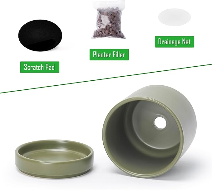 D'vine Dev Set of 4 Small Ceramic Plant Pots, 4.7 Inch Succulent Planter Pot for Plants with Drainage Hole and Saucer, Olive, 94-X-B-0