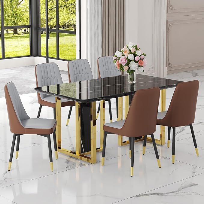 TesNus 63" Black Dining Table Set for 6 with Chairs,Modern Faux Marble Rectangular Kitchen Table and Chairs Set Luxury 7 Piece Dining Room Set with Gold Metal Legs,Easy Assemble,Stable Base