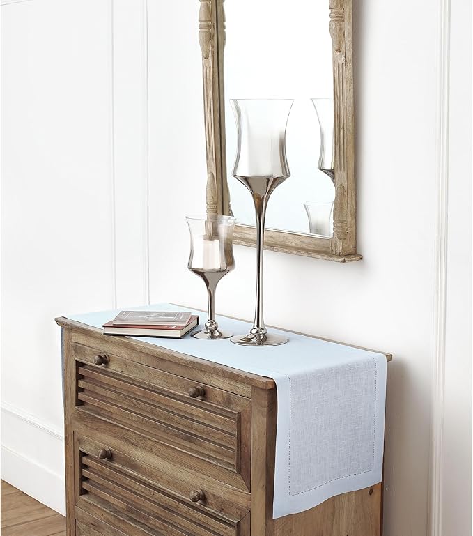 Solino Home Linen Light Blue Table Runner 48 Inches - Classic Hemstitch, 100% Pure Linen Coffee Table Runner 14 x 48 Inch Ideal for Dresser Tables