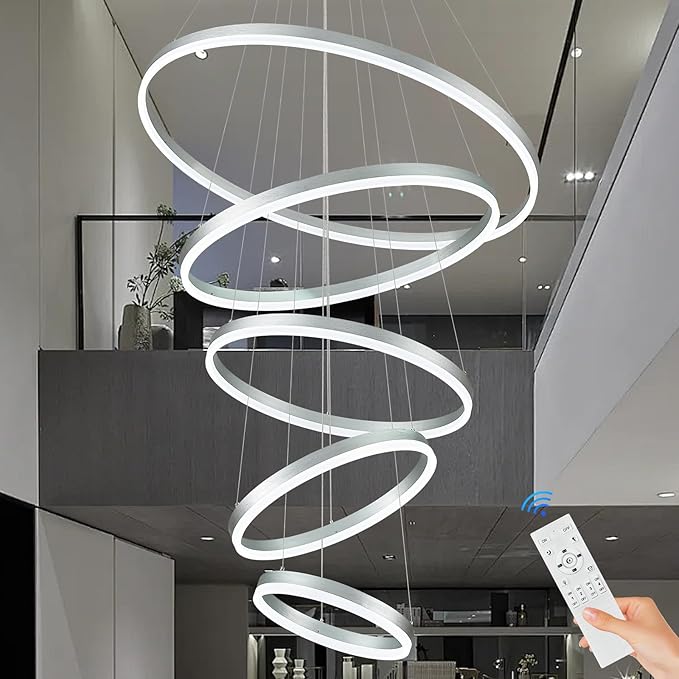 5-Rings D31.5’’ Modern LED Chandelier Silver Dimmable High Ceiling Chandeliers Foyer with Remote Control for Entryway Living Room Dining Room Staircase, 3000K-6500K