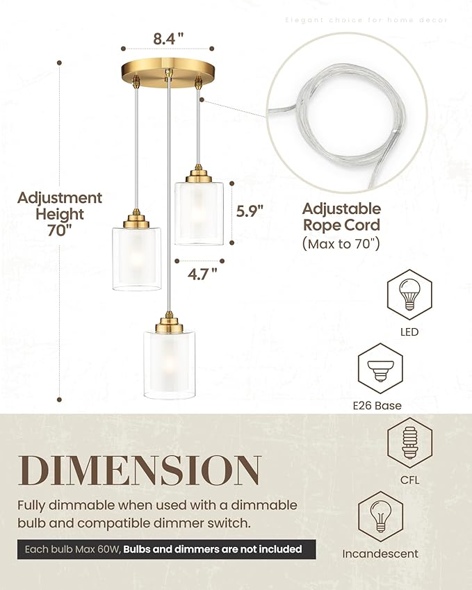 TENGXIN 3 Light Pendant Light,Brushed Gold Modern Pendant Light for Kitchen Island,Dual Glass Shade,Farmhouse Pendant Lighting for Dining Room,TXPLBG04