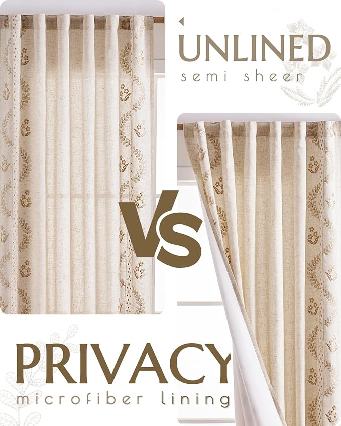 jinchan Belrose Lined Linen Blend Curtains Boho Floral Curtains for Bedroom 96 Inch Length Beige Embroidered Drapes Rod Pocket Farmhouse Flower Drapes for Living Room Window Treatments Set 2 Panels