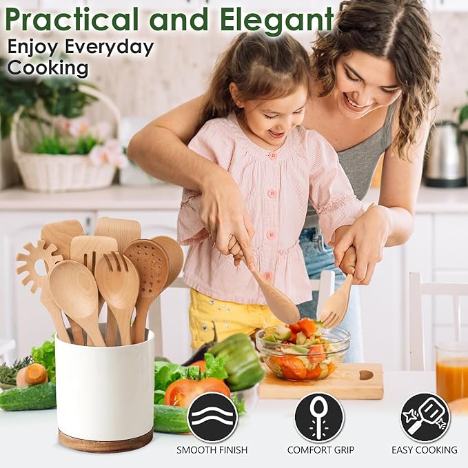 Kitchen 8-Piece Beech Wood Kitchen Utensil Set – Wooden Cooking Spoons with Spatula, Skimmer, Pasta Scoop & Turner, Durable Wooden Cooking Tools Safe for Nonstick Cookware by Howhong