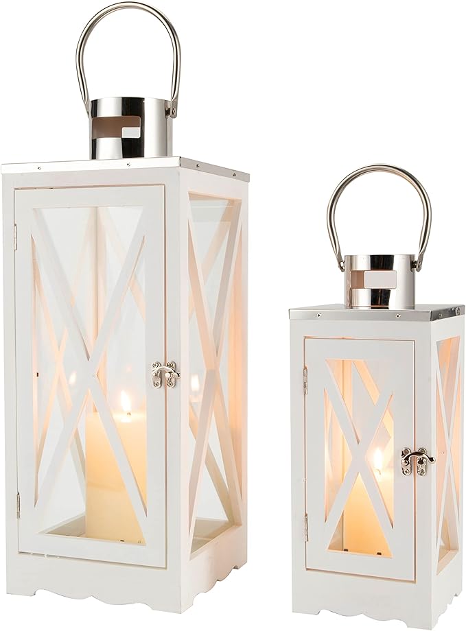 TRIROCKS Set of 2 Farmhouse Wood Lantern 17.5''&24.5'' Metal Decorative Outdoor Lantern with Tempered Glass Rustic Candle Holder for Thanksgiving Christmas Patio Garden Indoor Outdoor(White Rectangle)