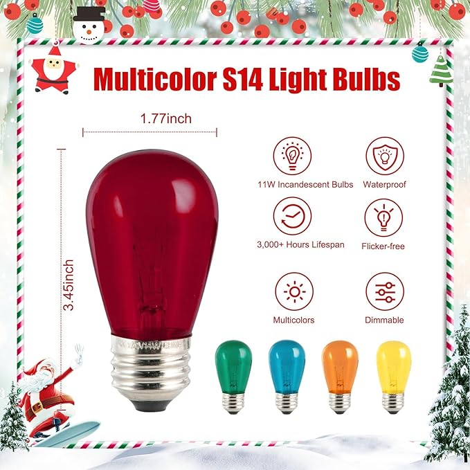 S14 Christmas Replacement Light Bulbs, 50 Pack Glass Edison Vintage Bulbs, 11 Watt, E26 Medium Base, Waterproof Commercial Christmas Bulbs for Indoor Outdoor Home Patio Garden Decoration, Multicolor