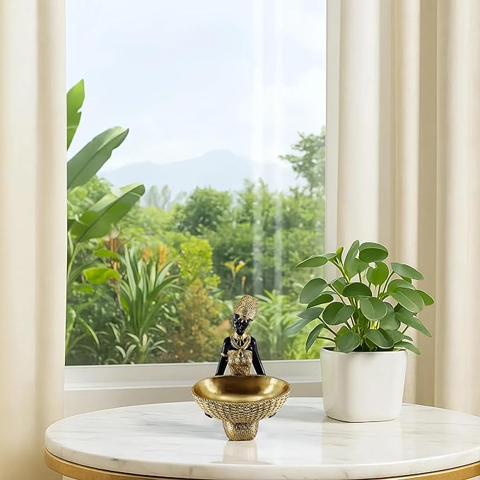 African Tribal Resin Statue - Handcrafted Gold Accent Figure with Bowl, Ethnic Home Decor Art Piece for Shelf & Table Display, Bohemian Gift Idea