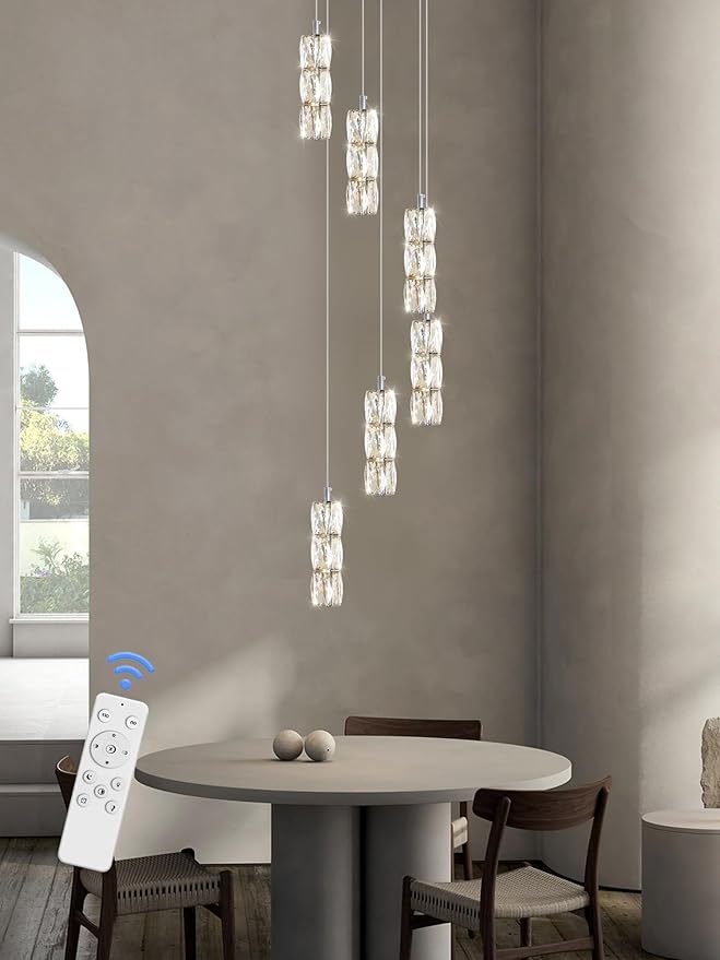 H78 Pendant Lights Kitchen Island 6-Lights Pendant Chandelier for Dining Room Hallway Stairwell,LED Dimmable 2700K-6000K (Silver Chandelier)