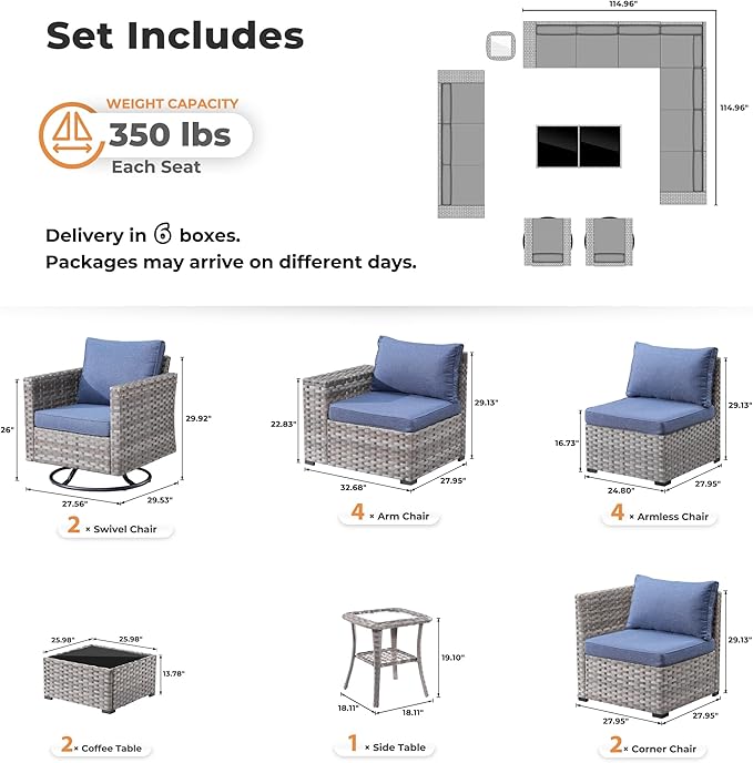 ovios 15 Pieces Patio Furniture Set, Outdoor Wicker Sectional Sofa with Swivel Chairs Coffee Table, Modern Modular Deep Seat Rattan Couch Conversation Sets, Denim Blue